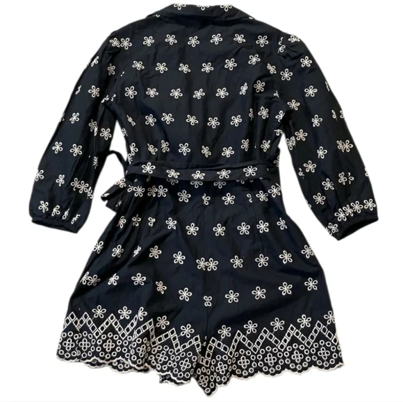 Venus Floral Embroidered Surplice Mini Romper Cream Blk 3/4 Slvs Waist Tie Sz 10 - Picture 9 of 16